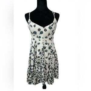 Free People White Midi Dress with Black and Green Floral Pattern